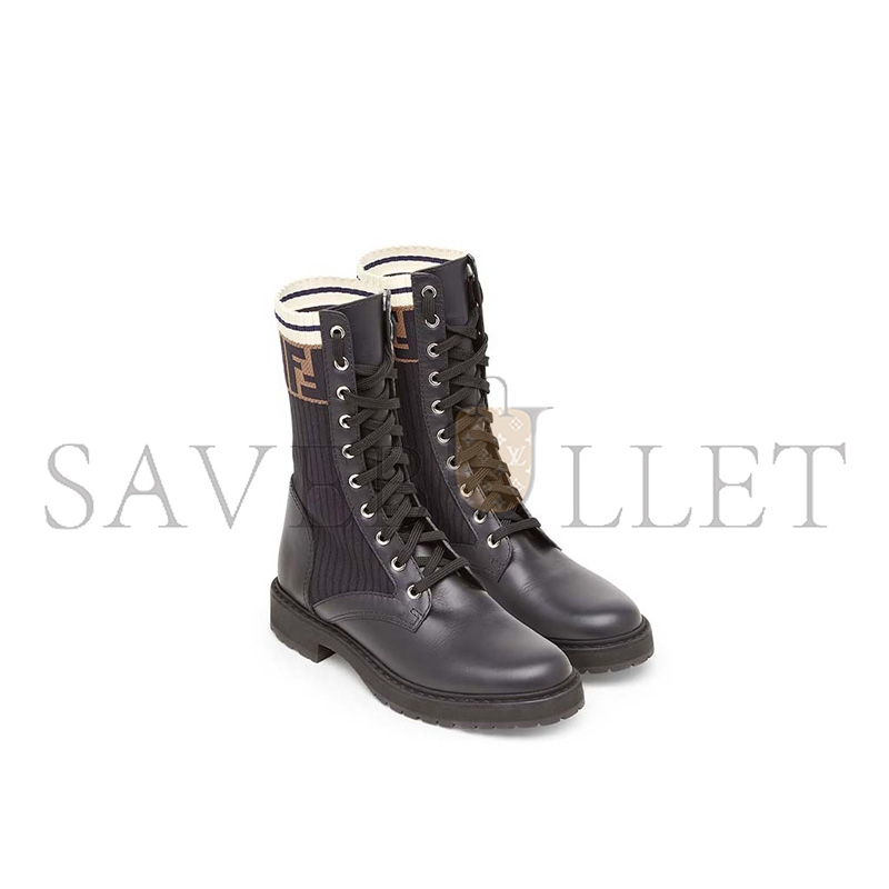 FENDI ROCKOKO BLACK LEATHER BIKER BOOTS WITH STRETCH FABRIC 8T6780A3H4F13MC